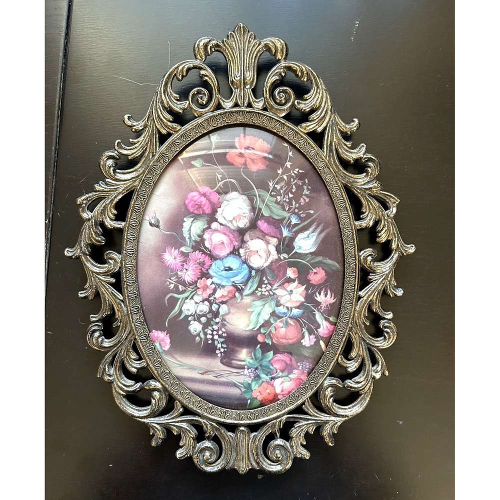 Vintage Ornate Oval Wall Frame 13x10 Brass Tone Rococo Scroll Floral Still Life